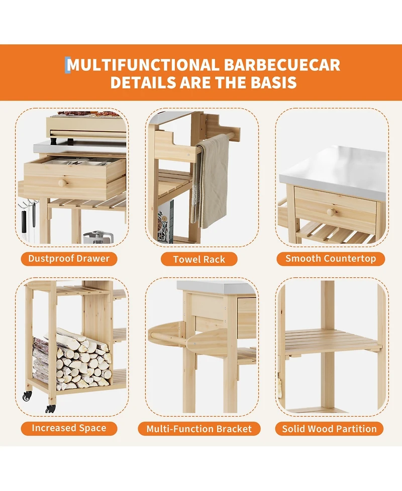 homfan Portable Bar Cart, 41 Inch Wood Kitchen Island with Stainless Steel Top and Locking Wheels for Patio