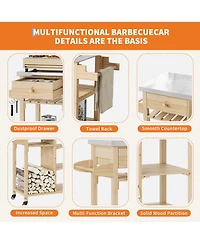homfan Portable Bar Cart, 41 Inch Wood Kitchen Island with Stainless Steel Top and Locking Wheels for Patio