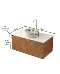 Sillysis Floating Bathroom Vanity with Ceramic Vessel Sink, Carrara Sintered Stone Top, Solid Wood Door