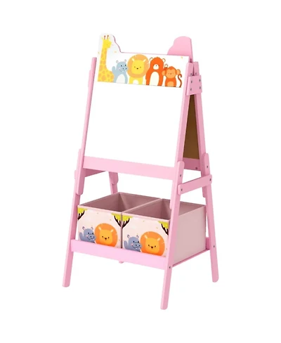 Yobtop Kids Art Easel - Double-Sided Blackboard and Whiteboard, Mdf Frame with Storage Boxes, Cute Pattern Design for Ages 3-8 Years