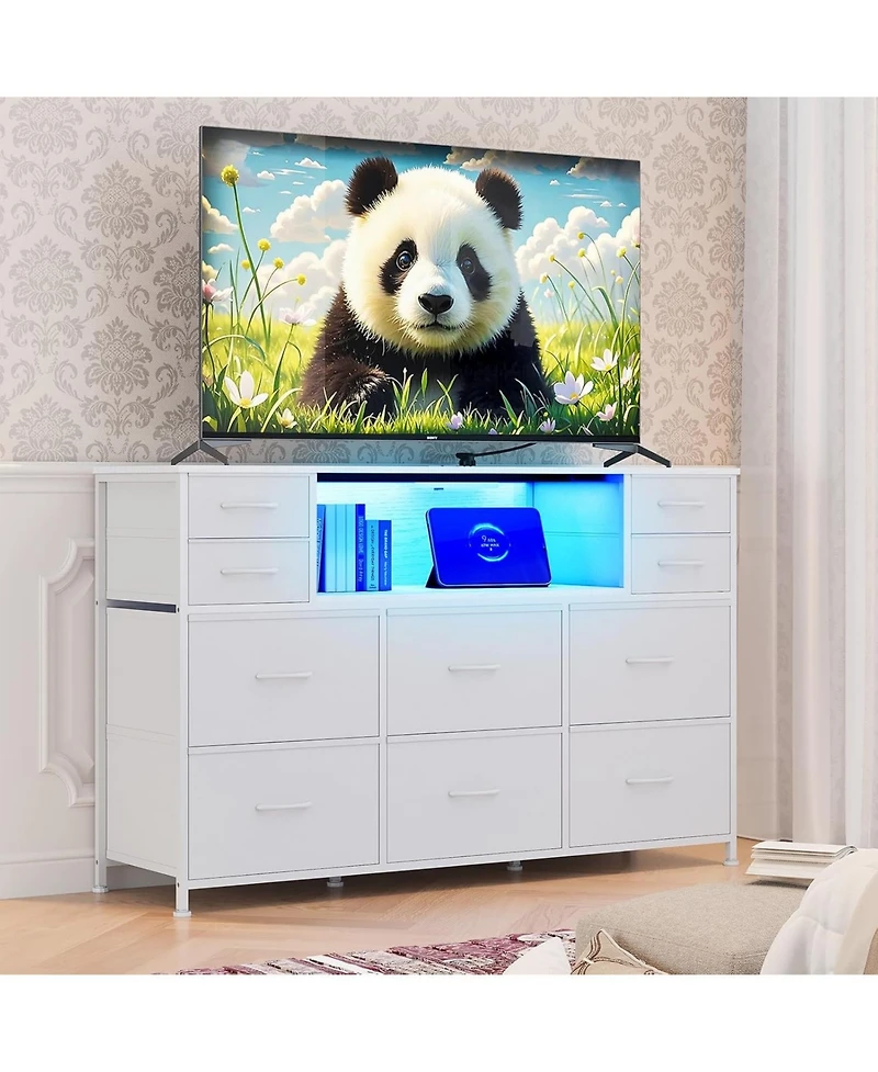 gaomon Dresser for Bedroom with 10 Fabric Drawers, Tv Stand with Led Light and Charging Station for 45, 50, 55 Inch Tv