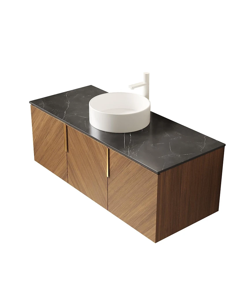 Sillysis Floating Bathroom Vanity Cabinet with Ceramic Vessel Sink, Sintered Stone Countertop, Large Storage