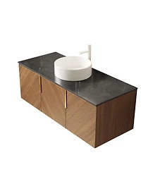 Sillysis Floating Bathroom Vanity Cabinet with Ceramic Vessel Sink, Sintered Stone Countertop, Large Storage