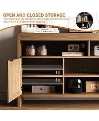 homfan 2 Pieces Boho Tv Stand for 65 in, 58inch Rattan Entertainment Center with Storage, Adjustable Shelves and Doors for Living Room