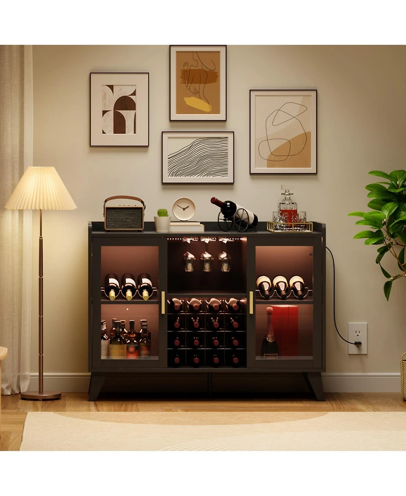 homfan Bar Cabinet with Led Lights and Wine Rack