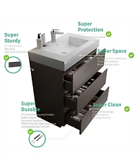 Sillysis Modern Freestanding Bathroom Vanity with Stone Sink, Soft Close Drawers, Handle-Free Storage Cabinet