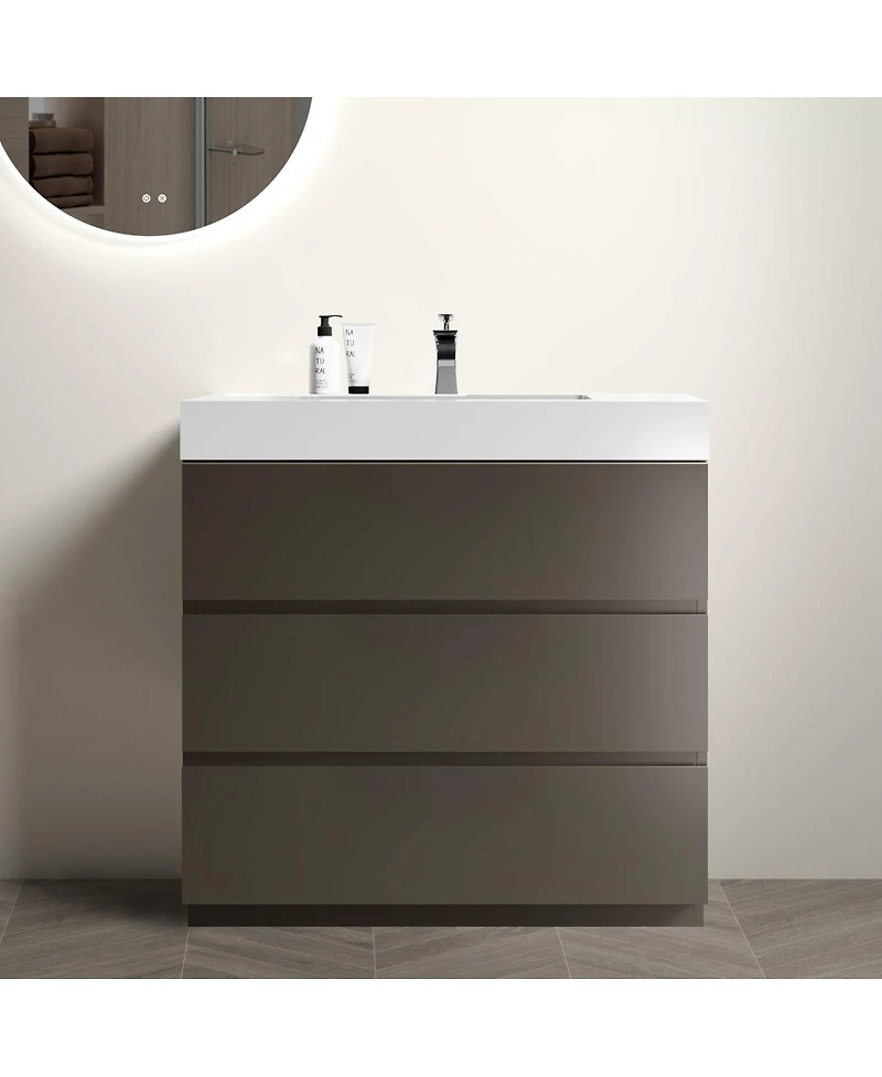 Sillysis Modern Freestanding Bathroom Vanity with Stone Sink, Soft Close Drawers, Handle-Free Storage Cabinet, Pre-assembled