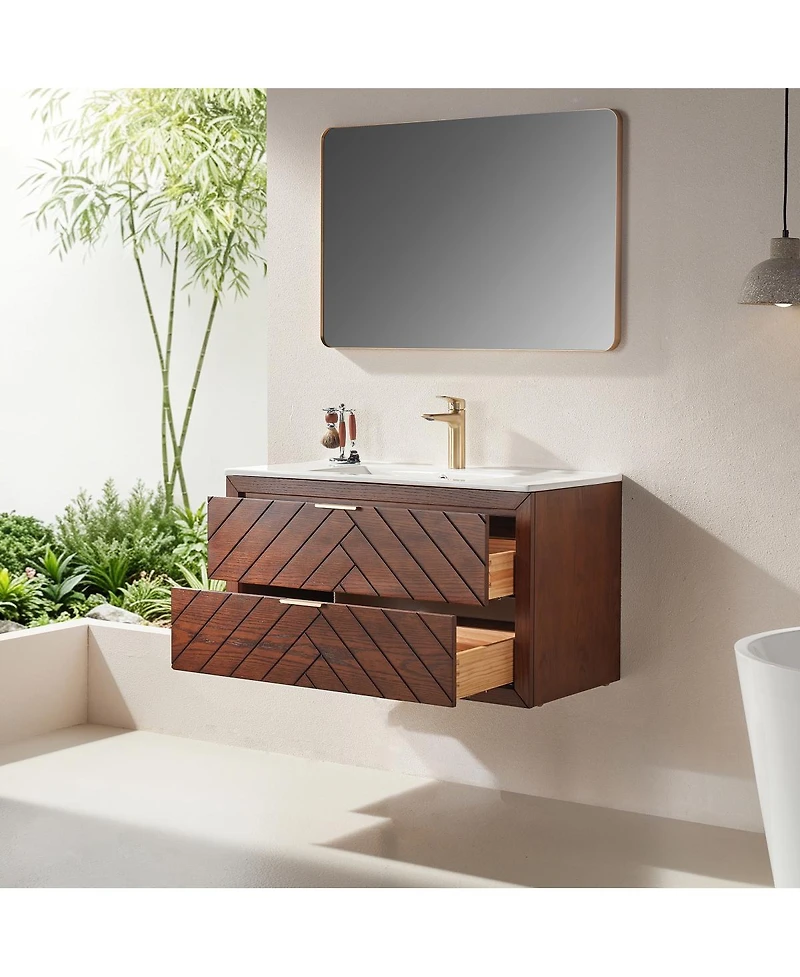 Sillysis Floating Bathroom Vanity with Ceramic Sink, Wall Mounted Modern Cabinet, Deep Drawers for Storage