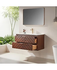 Sillysis Floating Bathroom Vanity with Ceramic Sink, Wall Mounted Modern Cabinet, Deep Drawers for Storage