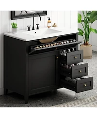 Sillysis 36 Inch Modern Bathroom Vanity with Ceramic Sink, Storage Cabinet, Solid Wood Legs and Adjustable Shelves