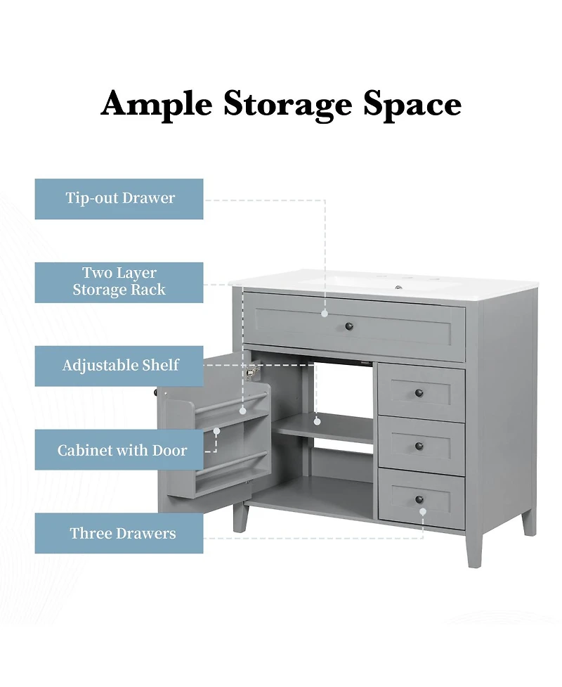 Sillysis 36 Inch Modern Bathroom Vanity with Ceramic Sink, Storage Cabinet, Solid Wood Legs and Adjustable Shelves