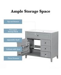 Sillysis 36 Inch Modern Bathroom Vanity with Ceramic Sink, Storage Cabinet, Solid Wood Legs and Adjustable Shelves