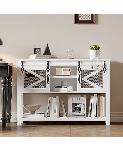 homfan Farmhouse Entryway Console Sofa Table – 46inch Narrow Accent Table with Sliding Barn Doors and Storage Shelves – Ideal for Foyer