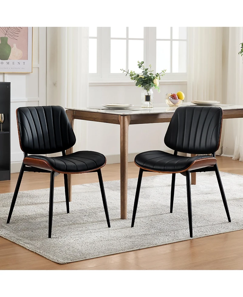 homfan Set of 2 Modern Boho Dining Chairs - Pu Leather Upholstered, Curved Walnut Backrest - Ergonomic - Mid-Century Accent Side Chairs