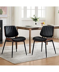 homfan Set of 2 Modern Boho Dining Chairs - Pu Leather Upholstered, Curved Walnut Backrest - Ergonomic - Mid-Century Accent Side Chairs