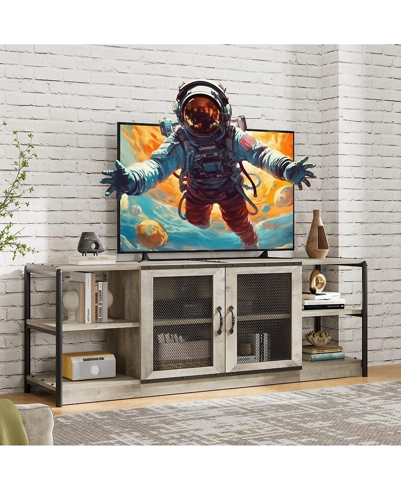 homfan Industrial Farmhouse Tv Stand for 65 Inch Tv, Deep Media Console with Mesh Doors and Shelves, Metal Frame Entertainment