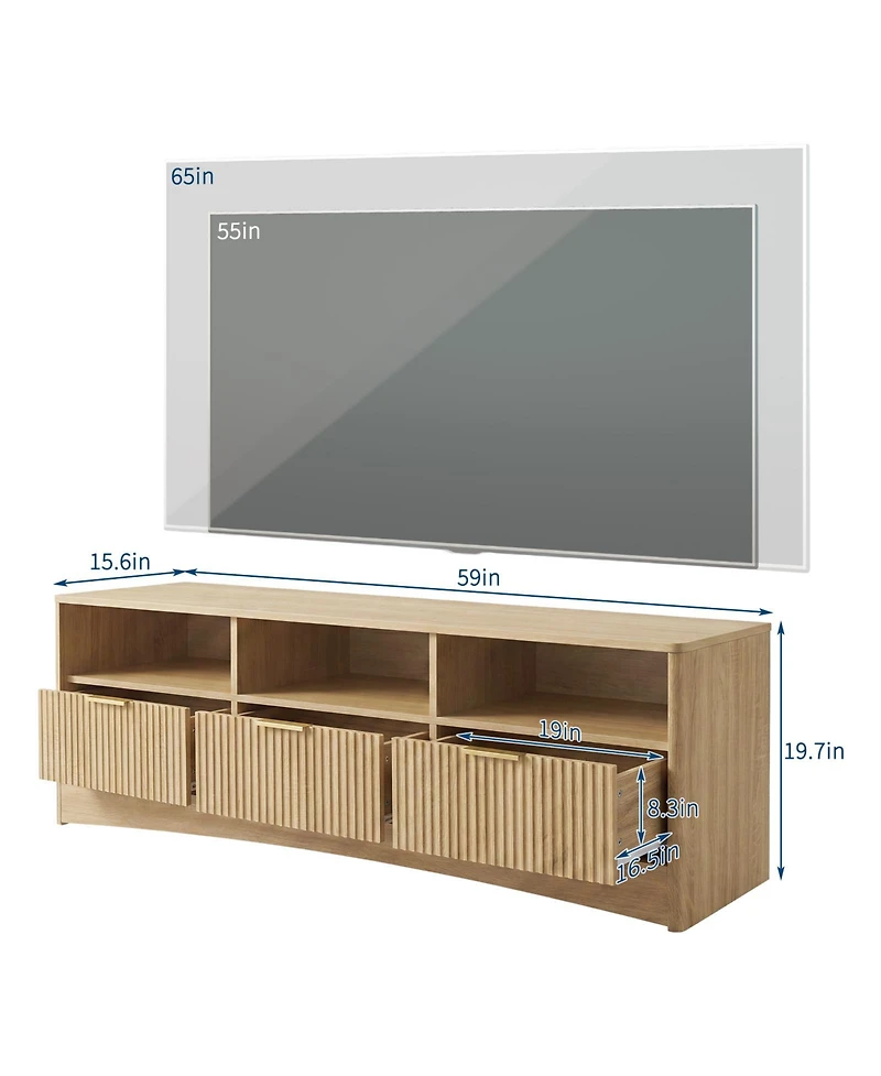 homfan 59inch Wide Tv Stand for TVs Up to 65inch , Modern Fluted Entertainment Center with 3 Storage Drawers, Open Shelves, Wood Console