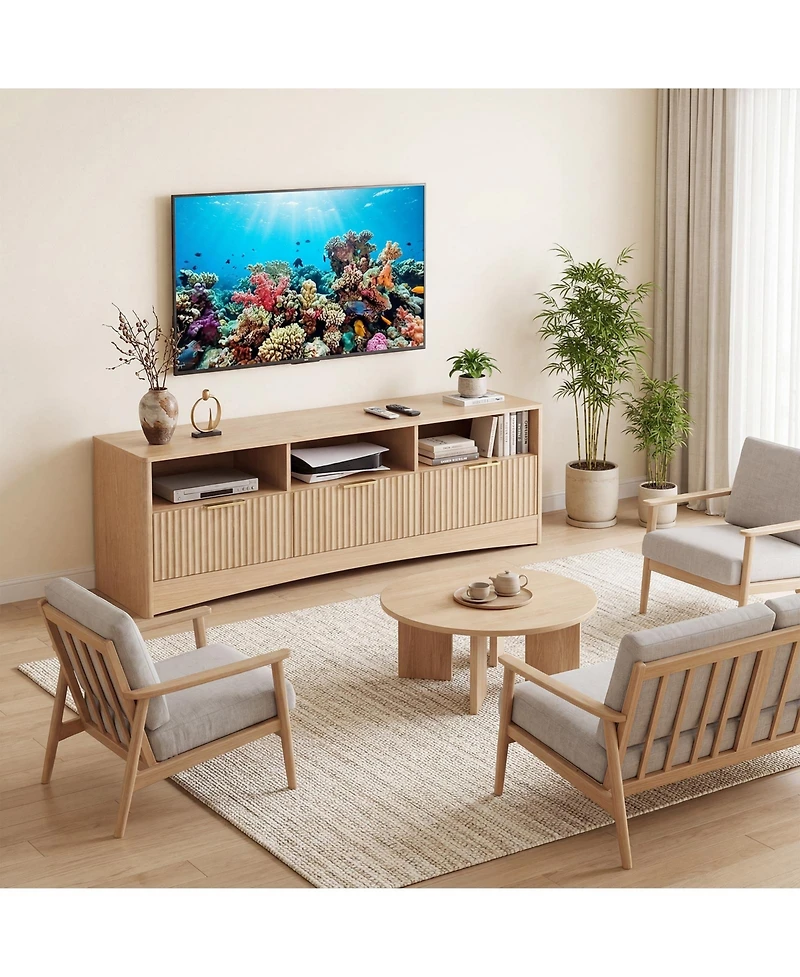 homfan 59inch Wide Tv Stand for TVs Up to 65inch , Modern Fluted Entertainment Center with 3 Storage Drawers, Open Shelves, Wood Console