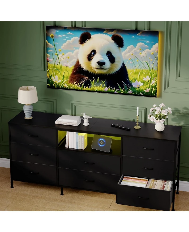 gaomon Tv Stand with 8 Fabric Drawers and Led Lighting, Steel Frame Media Console for 65 70 75 Inch Televisions