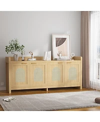 homfan Modern Rattan Tv Stand Entertainment Center with Glass Doors - for TVs Up to 65 Inch, 61.5inch Storage Console Cabinet for Living Room