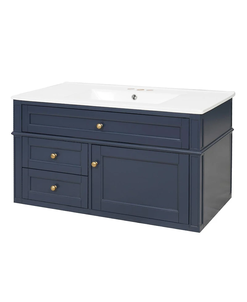Sillysis Floating Bathroom Vanity with Ceramic Sink, Wall Mounted Modern Cabinet, Soft Close Drawers, Ample Storage