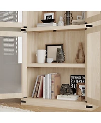 homfan Arched Glass Door Bookshelf, Freestanding Engineered Wood 4-Door Display Cabinet with Anti-Tip Design Home Storage