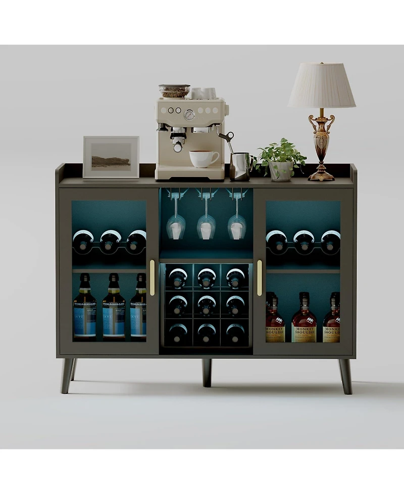 homfan Versatile Led Wine Bar Cabinet with Glass Holder and Wine Rack, Kitchen Buffet Sideboard Storage