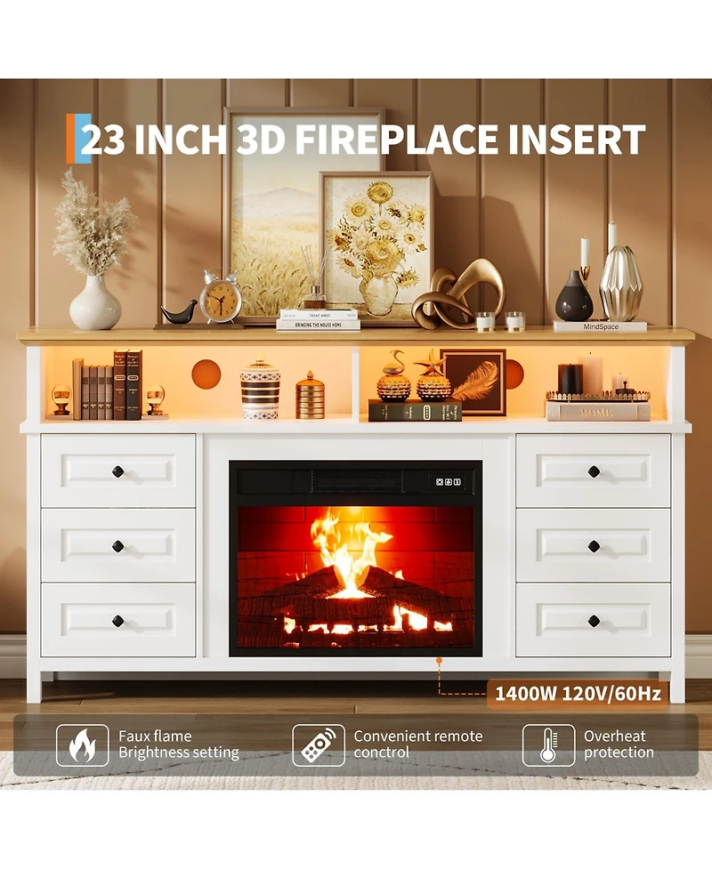 homfan 60"Fireplace Stand for TVs Up to 65", Fireplace with Led Lights, 3D Flame and Heating, Farmhouse Console with Drawers