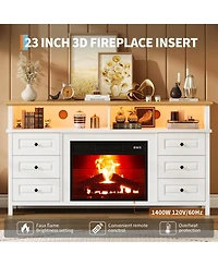 homfan 60"Fireplace Stand for TVs Up to 65", Fireplace with Led Lights, 3D Flame and Heating, Farmhouse Console with Drawers