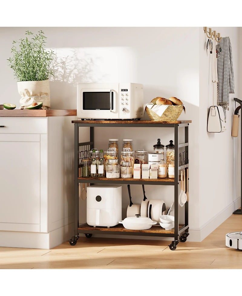 homfan 3 Tier Bar Cart, 32 Inch Brown Rolling Kitchen Island Cart with Locking Wheels and Hooks for Kitchen or Pantry