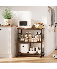 homfan 3 Tier Bar Cart, 32 Inch Brown Rolling Kitchen Island Cart with Locking Wheels and Hooks for Kitchen or Pantry