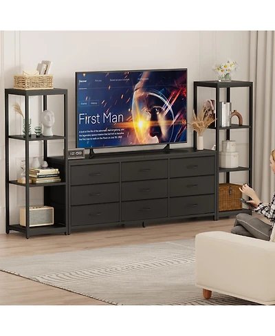 homfan Industrial Tv Stand Dresser, 9 Fabric Drawers and 2 Four-Tier Storage Shelves, Fits TVs Up to 75 Inches, Large Media Console for Living Room