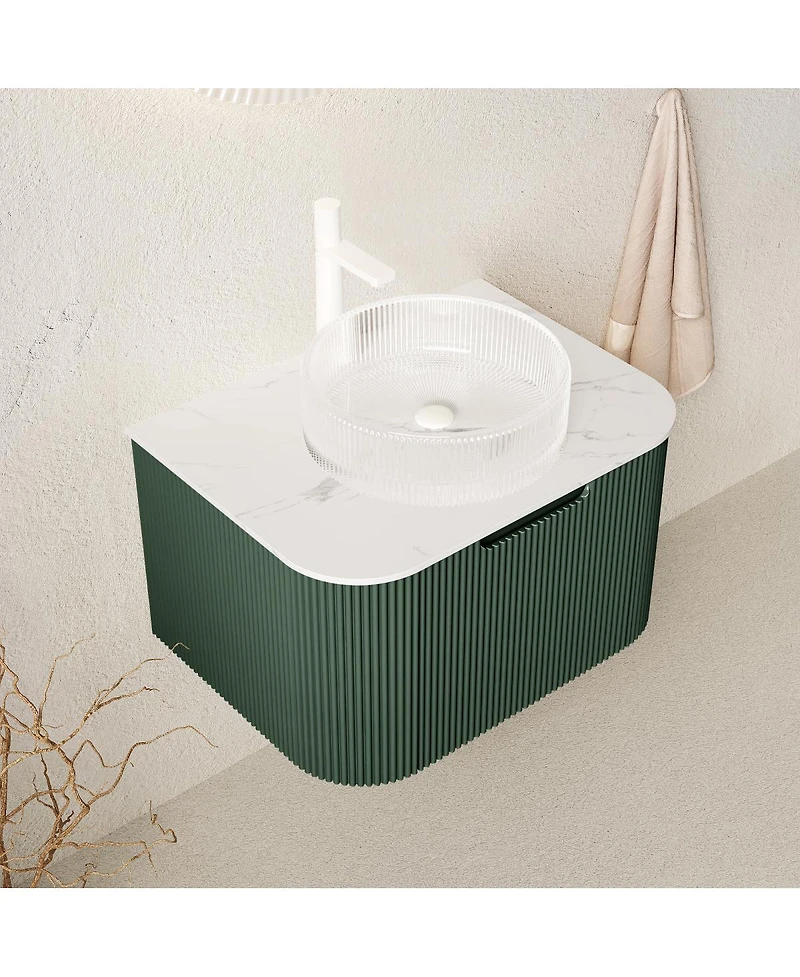 Sillysis Wall-Mounted Bathroom Vanity with Crystal Glass Sink, Sintered Stone Top, Soft Close Drawer