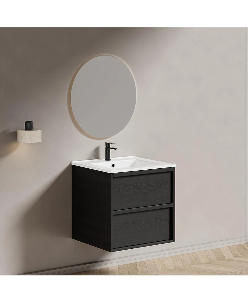 Sillysis Wall Mounted Bathroom Vanity with Ceramic Sink, Soft Close Drawers, Floating Black Cabinet