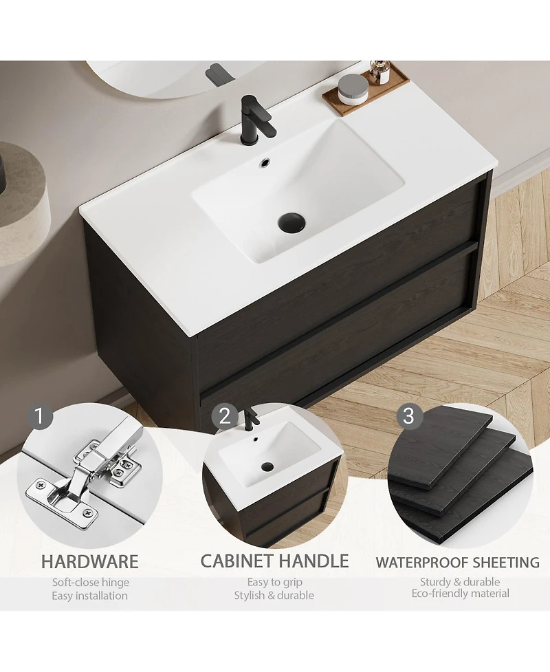Sillysis Wall Mounted Bathroom Vanity with Ceramic Sink, Soft Close Drawers, Floating Black Cabinet