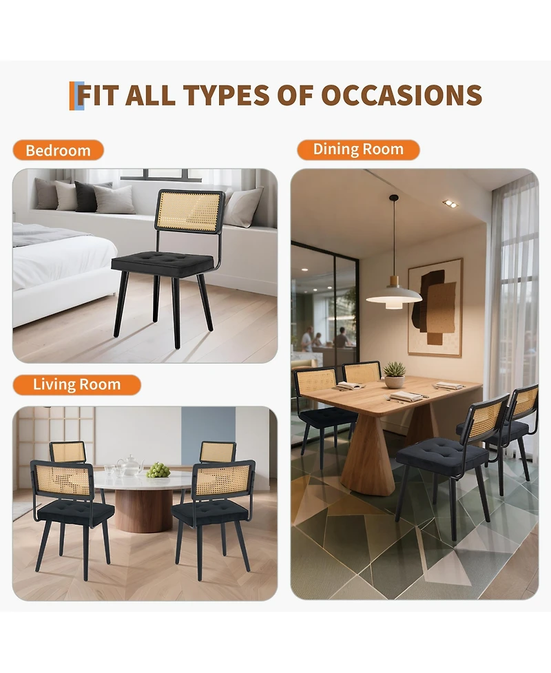 homfan Set of 2 Mid-Century Modern Dining Chairs - Rattan Tall Cane Back, Upholstered Seat, Solidly Wood and Metal Frame Comfortable, Durable