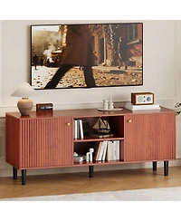 homfan Fluted Tv Stand for TVs up to 65in, Mid Century Modern Wooden Entertainment Center, Adjustable Shelf and 2 Storage Doors