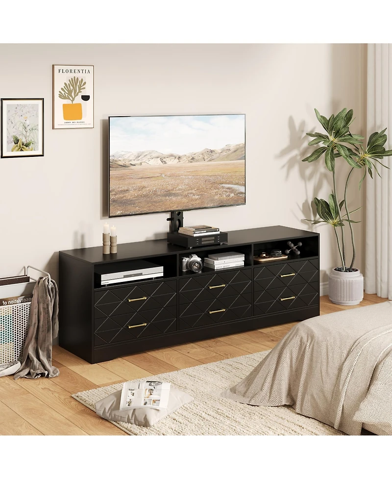 homfan Modern Tv Stand with Mount, 6 Drawers, Contemporary Storage Cabinet, Functional Media Console Table, Fits Most Living Room Spaces
