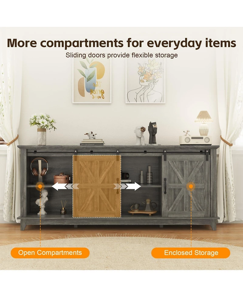 homfan Modern Farmhouse Tv Stand for 75 Inch Tv, 66 Entertainment Center, Sliding Barn Doors, Storage Cabinets and Media Console Table