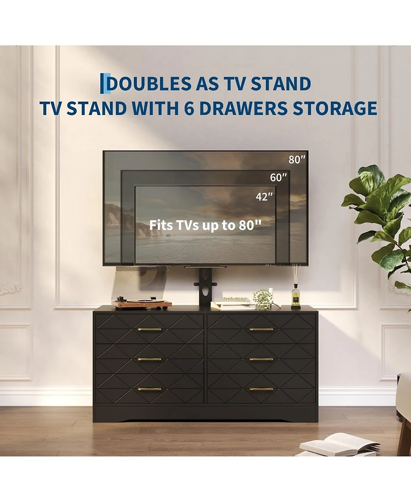homfan Modern Tv Stand Dresser with Adjustable Mount for 32-80 Inch TVs, 6 Drawer Storage Cabinet, Media Console Table, Bedroom