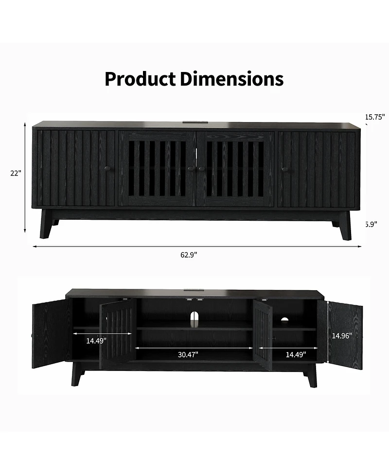 homfan 63" Tv Stand with Power Outlet, 4-Door Grille Media Console Adjustable Shelf, Entertainment Center Round Handles