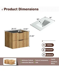 Sillysis Wall Mounted Bathroom Vanity with 3D Fluted Drawer, Integrated Ceramic Sink