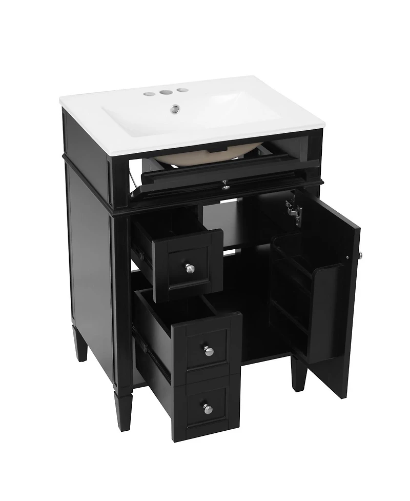 Sillysis 24" French Bathroom Vanity with Ceramic Sink, Modern Freestanding Cabinet, Soft Close Storage Drawers, Adjustable Shelf