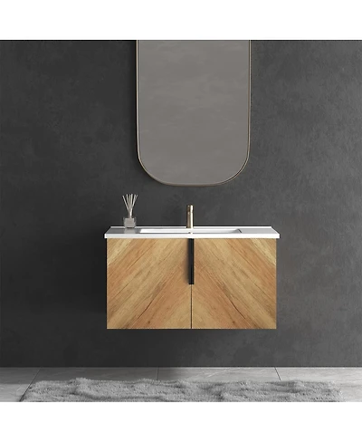Sillysis Modern Wall Mounted Bathroom Vanity, 3D Fluted Double Door Cabinet, Integrated Ceramic Sink