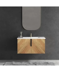 Sillysis Modern Wall Mounted Bathroom Vanity, 3D Fluted Double Door Cabinet, Integrated Ceramic Sink