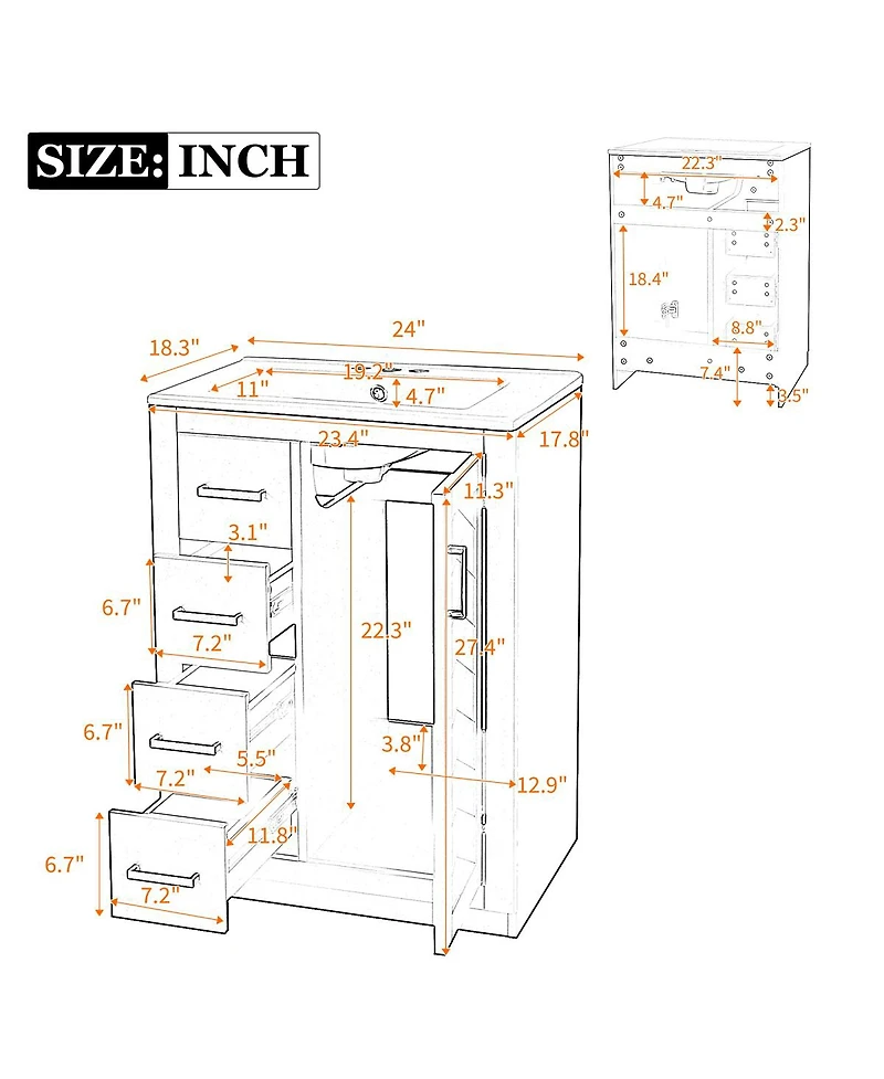 Sillysis 24 Inch Modern Bathroom Vanity with Sink, Solid Wood Mdf Cabinet, 3 Soft Close Drawers, Space-Saving Storage