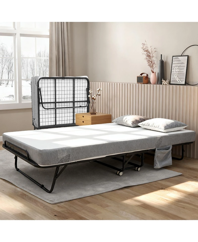 homfan Portable Folding Bed with 5 Inch Memory Foam Mattress, Metal Frame, 4 Rolling Casters, No Assembly Required, Foldable Guest Bed