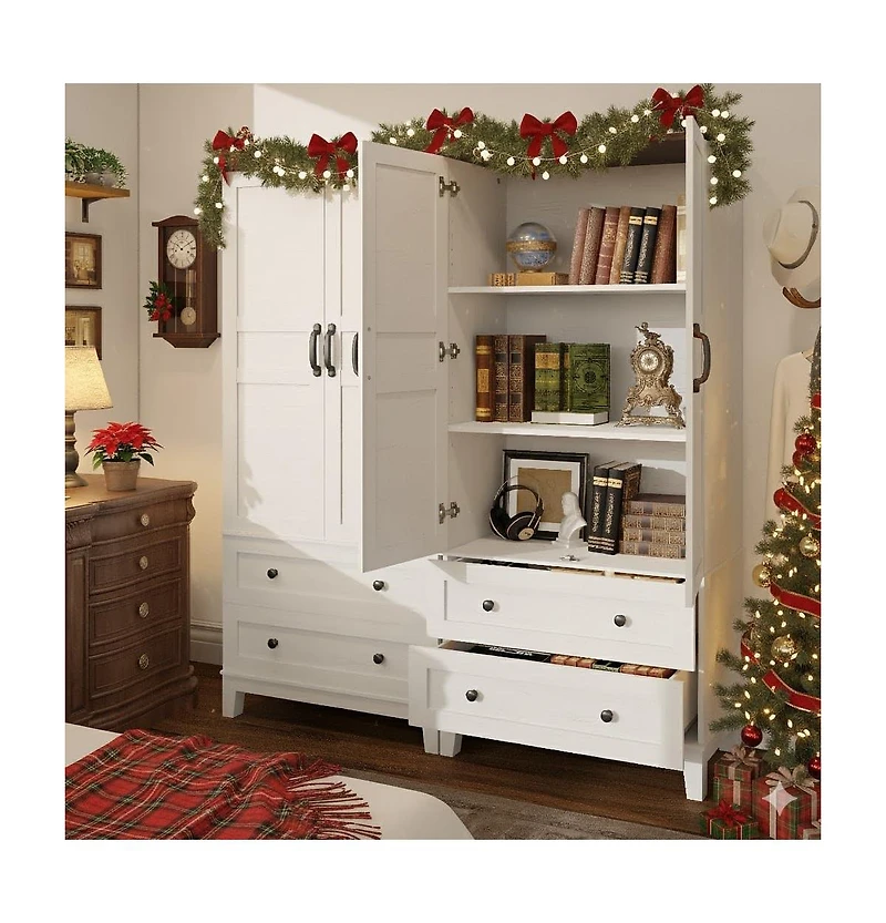 homfan Tall Storage cabinet with 2 Drawers, Farmhouse Wooden Freestanding Floor Storage Cabinet with 2 Doors and Diy Adjustable Shelf