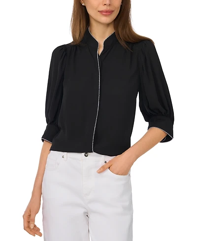 CeCe Women's Pearce Puff-Sleeve Open Collar Top