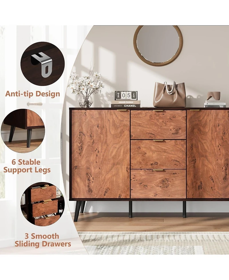 homfan Buffet Credenza with Spacious Storage, Drawers, Shelves and Metal Handles, Coffee Bar Cabinet for Dining Room, Kitchen, Robot Air Pump Friendly